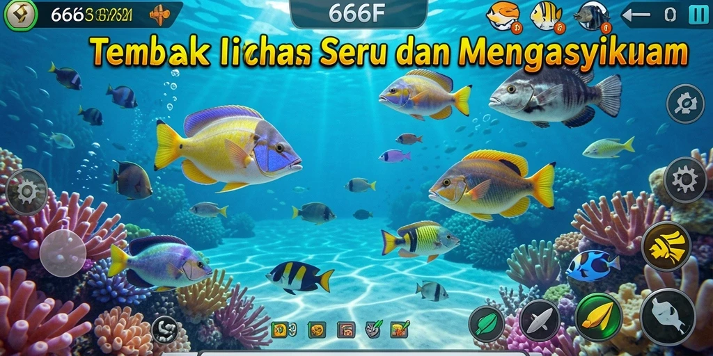 Screenshot utama 666F menunjukkan gameplay seru Tembak Ikan.