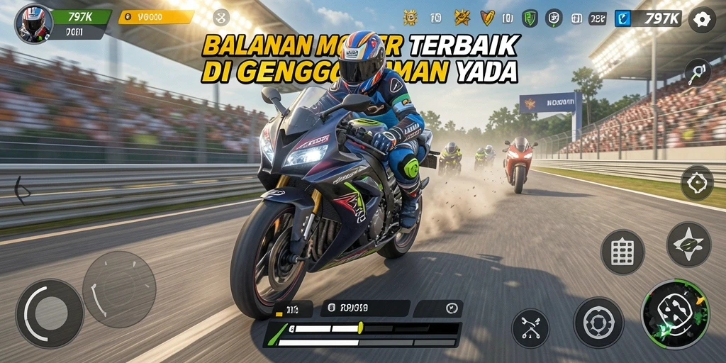 Tampilan gameplay 797K yang intens dan penuh aksi balapan motor.