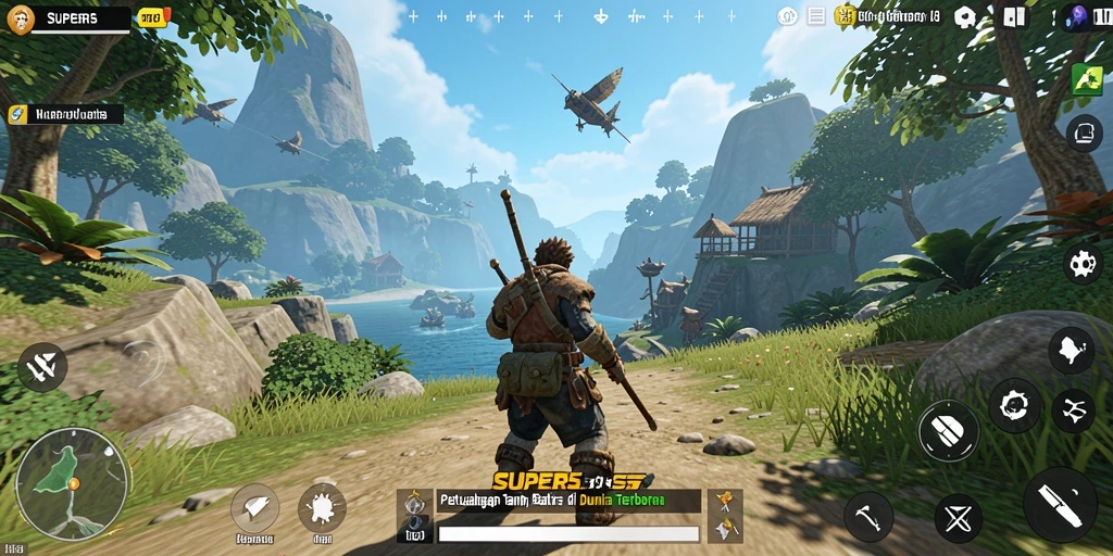 Screenshot SUPER5 menunjukkan gameplay petualangan dalam dunia terbuka yang luas.